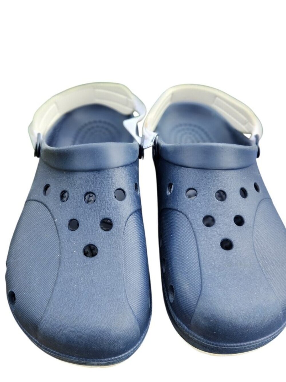 CROCS Navy Clogs with White Heel Strap